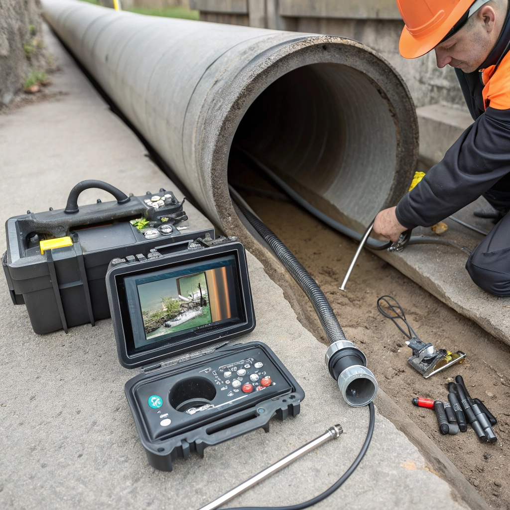 Drain inspection camera being used in a pipe.
