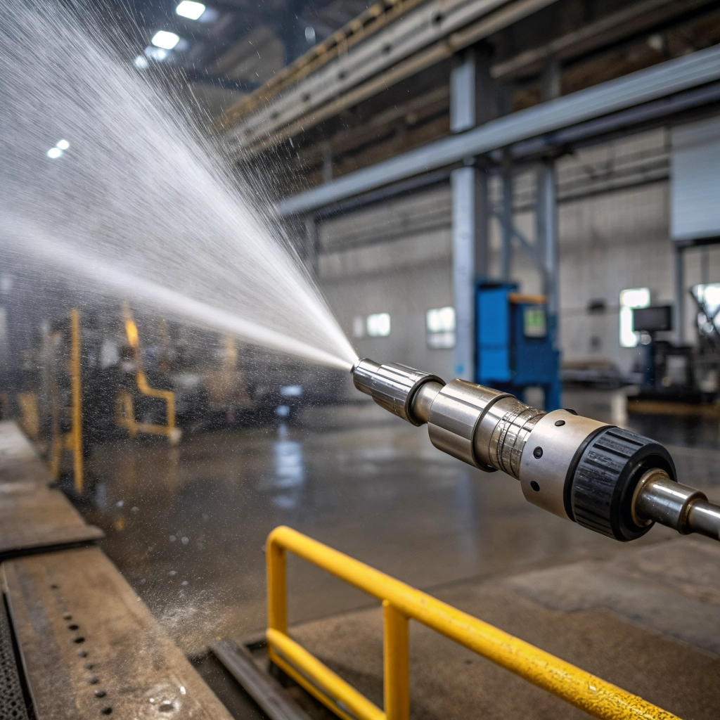Close-up of a drain jetting nozzle with water spraying out.