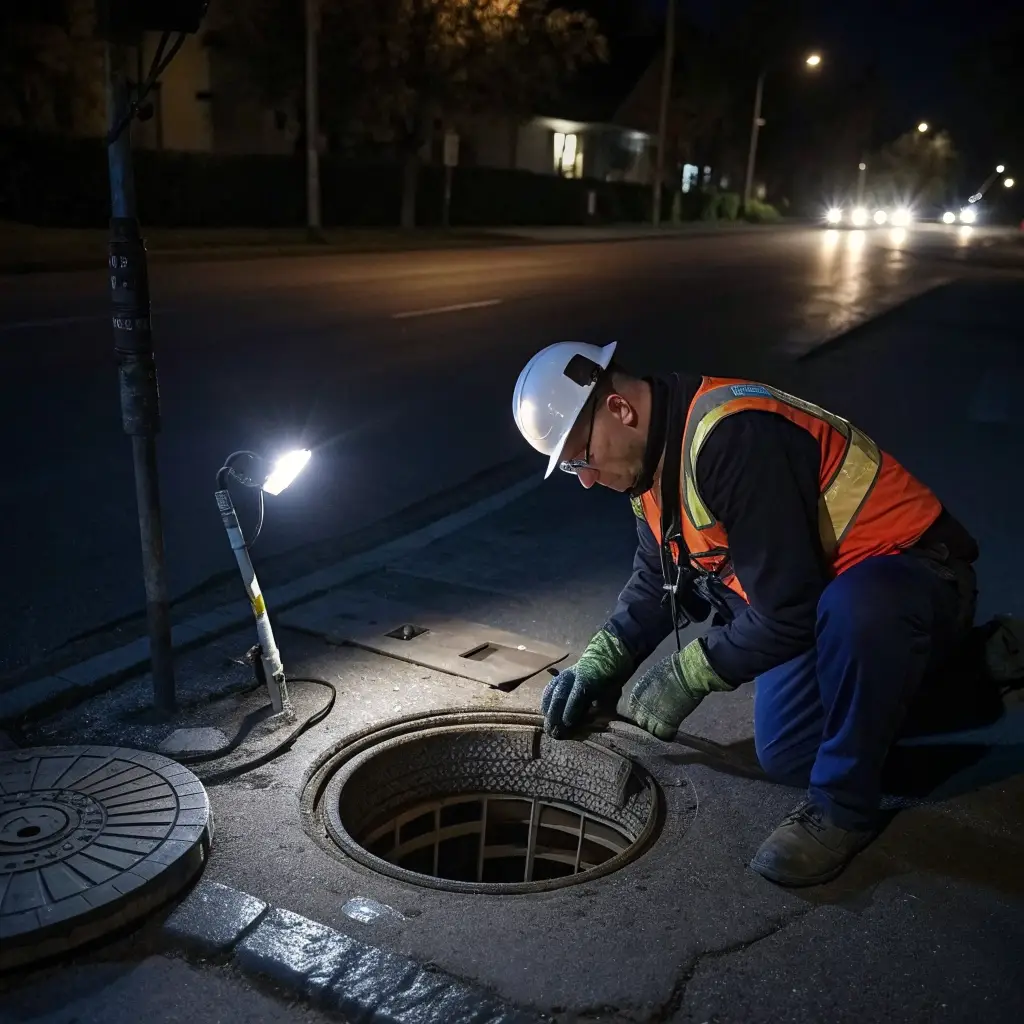 Emergency drain repair service at night.